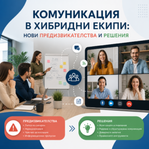 Инфографика за комуникация в хибридни екипи: офисна среща и видеоко?