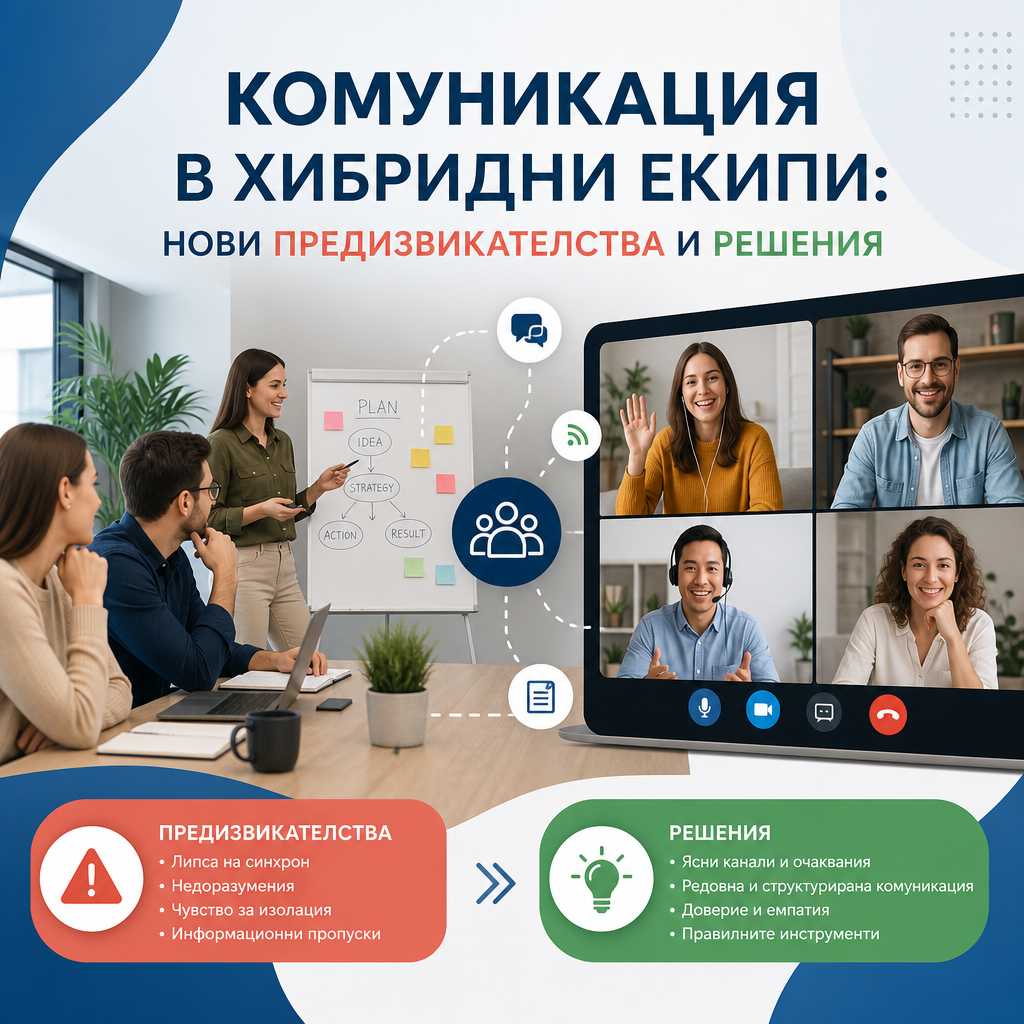 Инфографика за комуникация в хибридни екипи: офисна среща и видеоко?